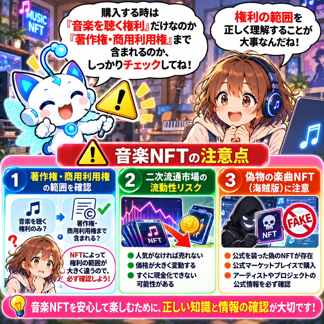 コマ17: 音楽NFTの注意点（著作権・商用利用権の範囲、流動性リスク、海賊版・偽物への警戒）