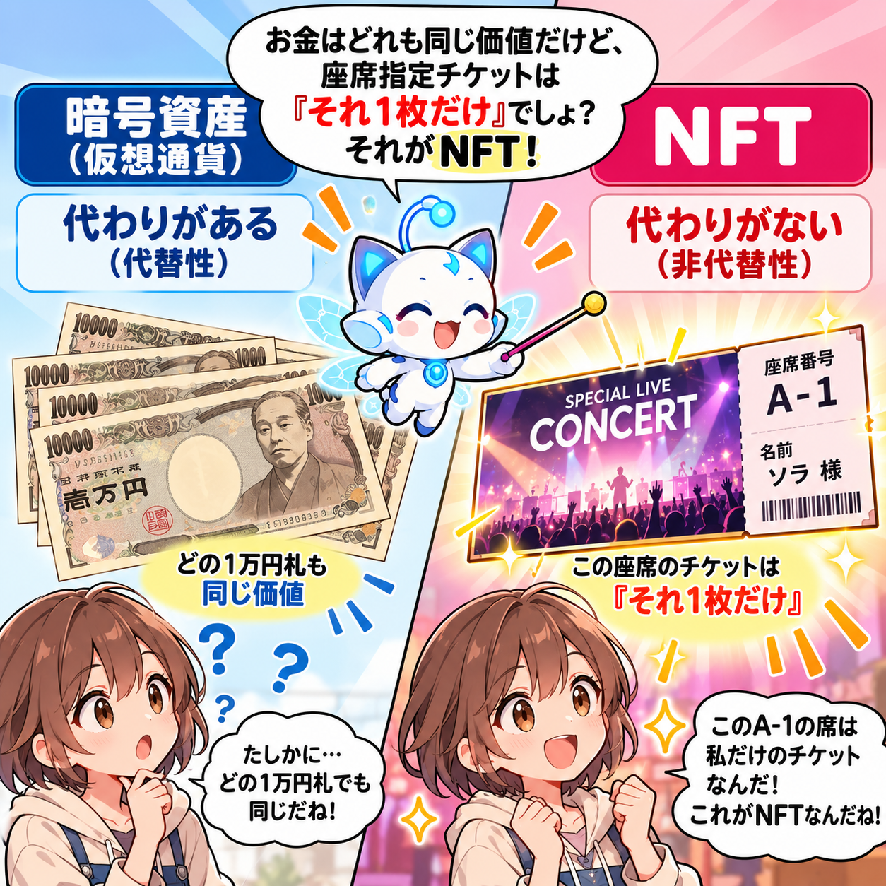 コマ2: 暗号資産（代替性）とNFT（非代替性）の違い解説！指定席チケットは『それ1枚だけ』