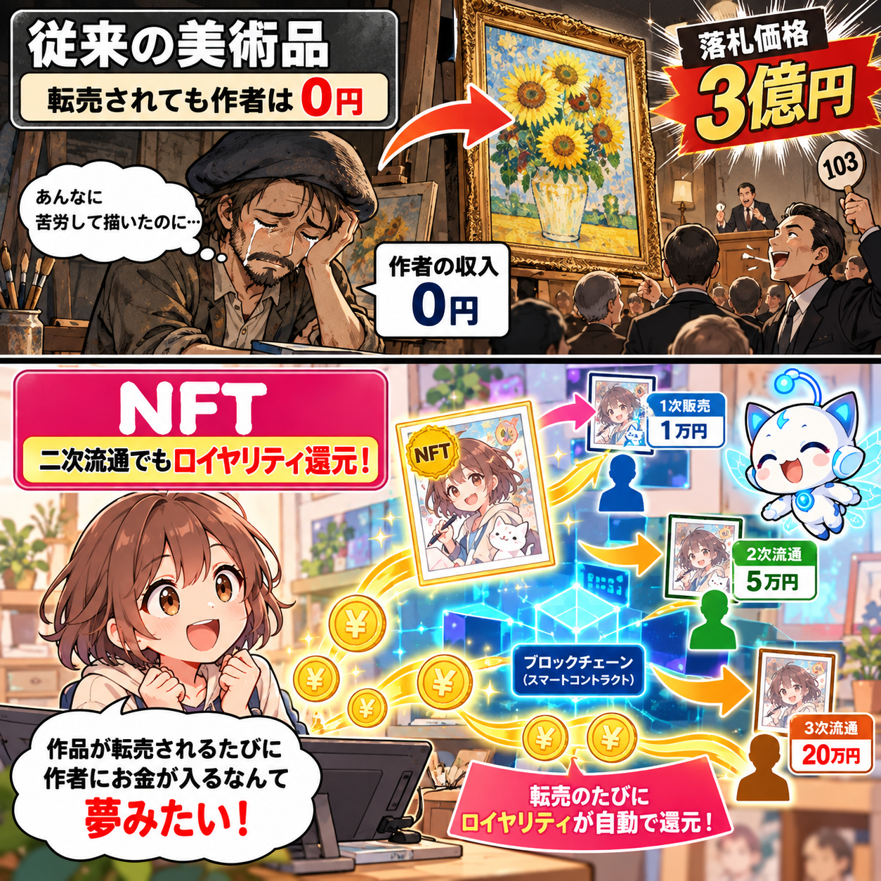 コマ3: 従来の美術品は転売されても作者0円 vs NFTなら転売のたびにロイヤリティが自動で還元！