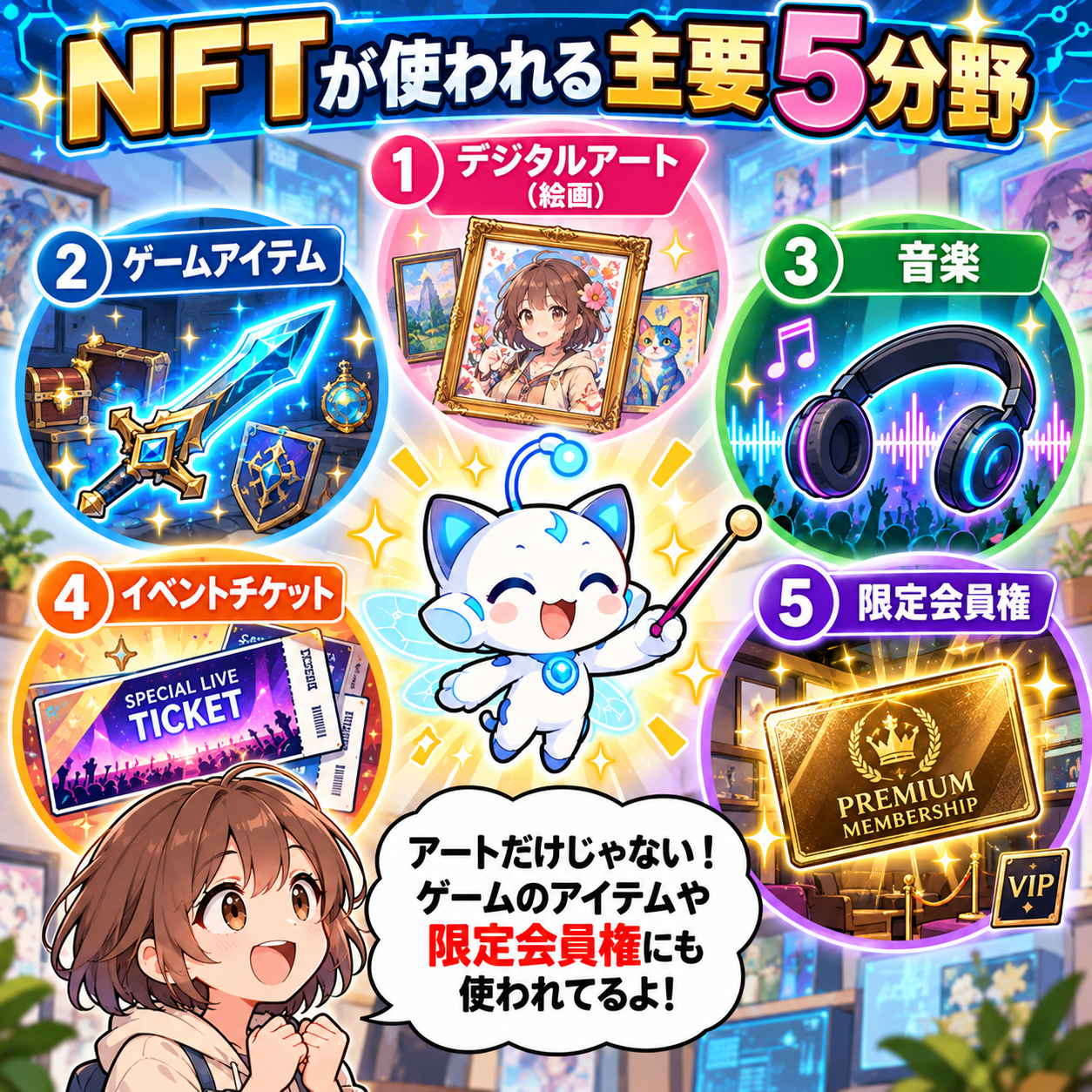 コマ4: NFTが使われる主要5分野（デジタルアート・ゲームアイテム・音楽・チケット・限定会員権）