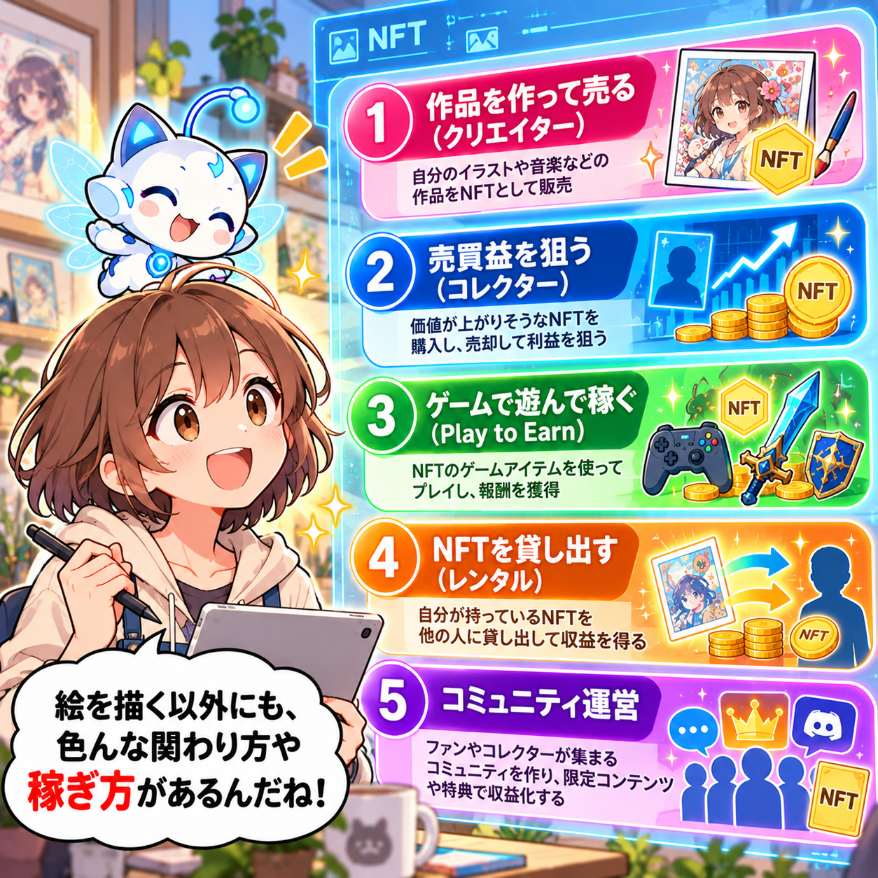 コマ5: クリエイター、コレクター、Play to Earn、レンタル、コミュニティ運営など関わり方5選