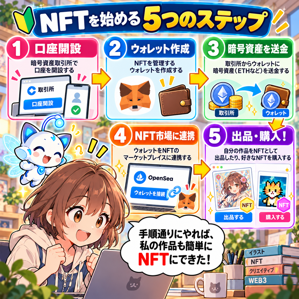 コマ6: NFTを始める5つのステップ（口座開設・ウォレット作成・暗号資産送金・市場連携・出品・購入）
