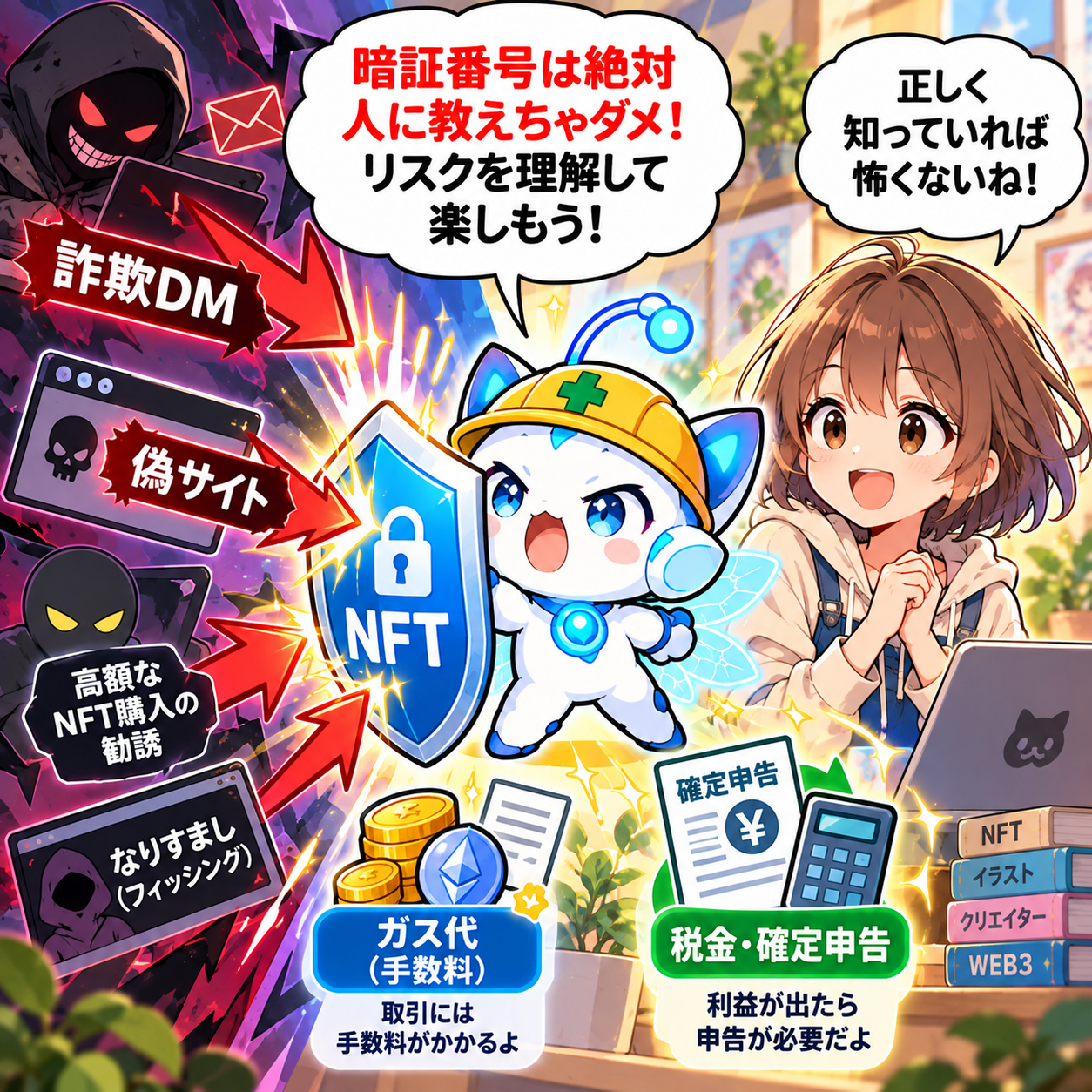 コマ7: 暗証番号は人に教えない！詐欺DM・偽サイト・ガス代・確定申告などの注意点