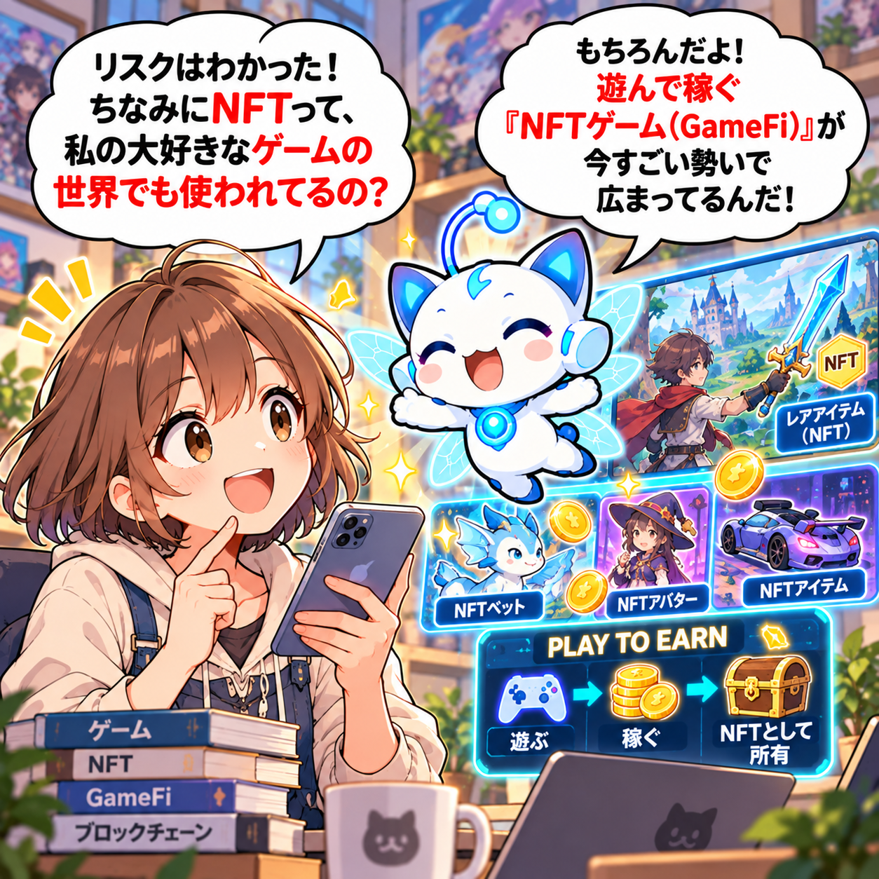 コマ8: 遊んで稼ぐ『NFTゲーム（GameFi）』が今すごい勢いで広まっているんだ！
