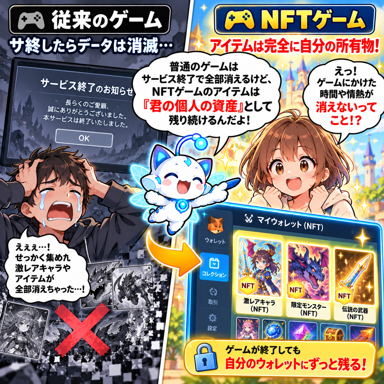 コマ9: 従来のゲームはサ終でデータ消滅 vs NFTゲームはアイテムが個人の資産としてウォレットに残り続ける！