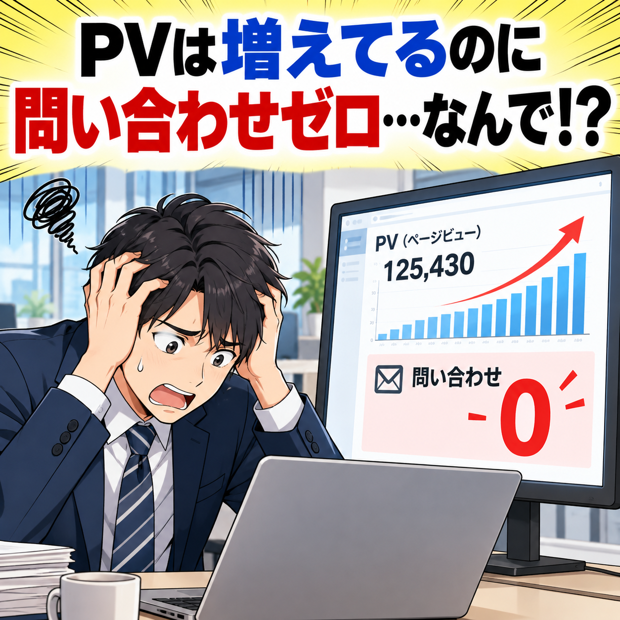 コマ1: PVは増えてるのに問い合わせゼロ…なんで！？と頭を抱えるWeb担当者