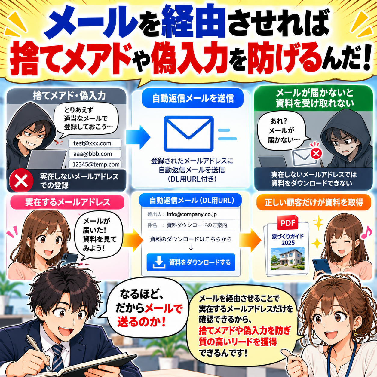 コマ12: メールを経由させれば捨てメアドや偽入力を防ぎ質の高いリードを獲得できる！