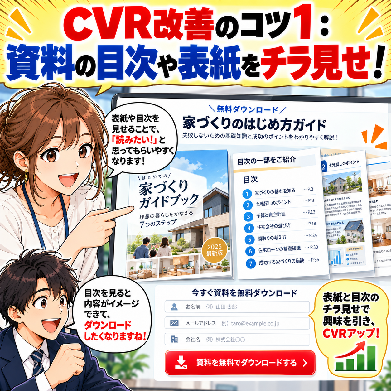 コマ14: CVR改善のコツ1：資料の目次や表紙をチラ見せして『読みたい！』を引き出す