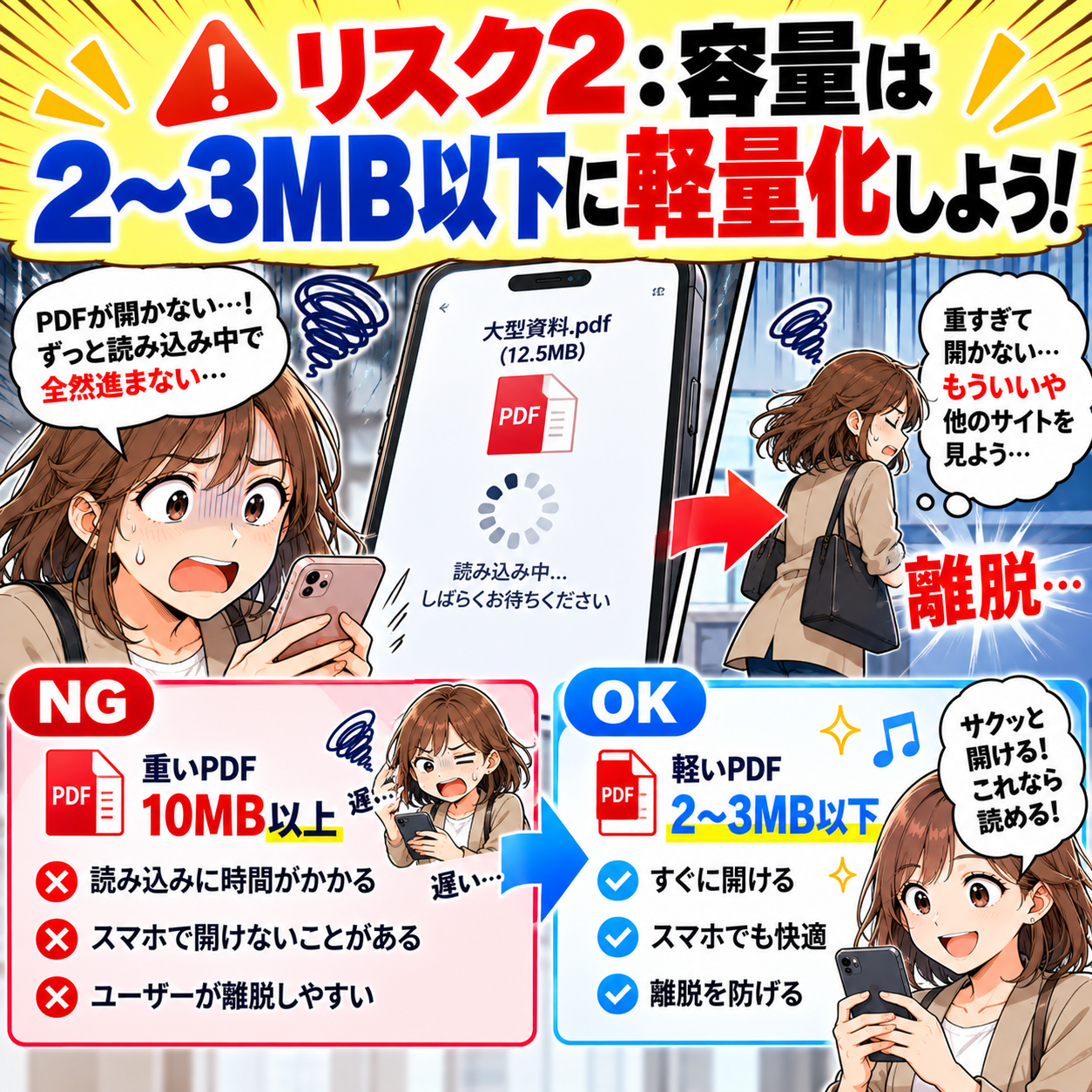 コマ19: リスク2：容量は2〜3MB以下に軽量化しよう！スマホでの読み込み遅延による離脱防止