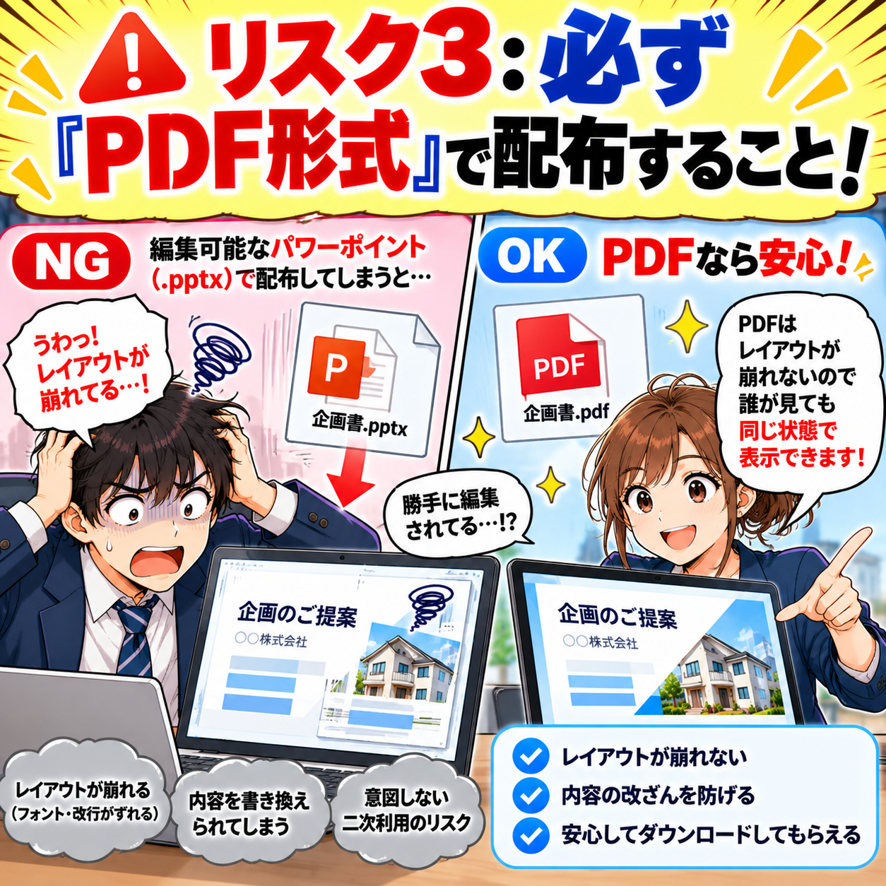 コマ20: リスク3：必ず『PDF形式』で配布すること！レイアウト崩れや改ざんを防止