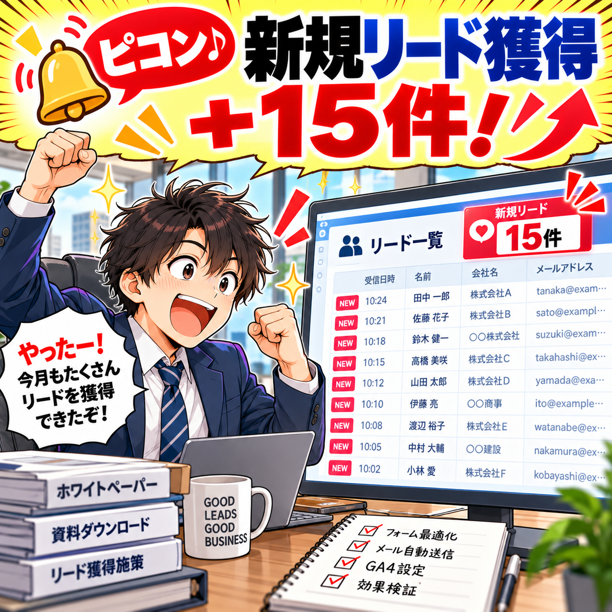 コマ22: ピコン♪ 新規リード獲得+15件！今月もたくさんリードを獲得できたぞ！