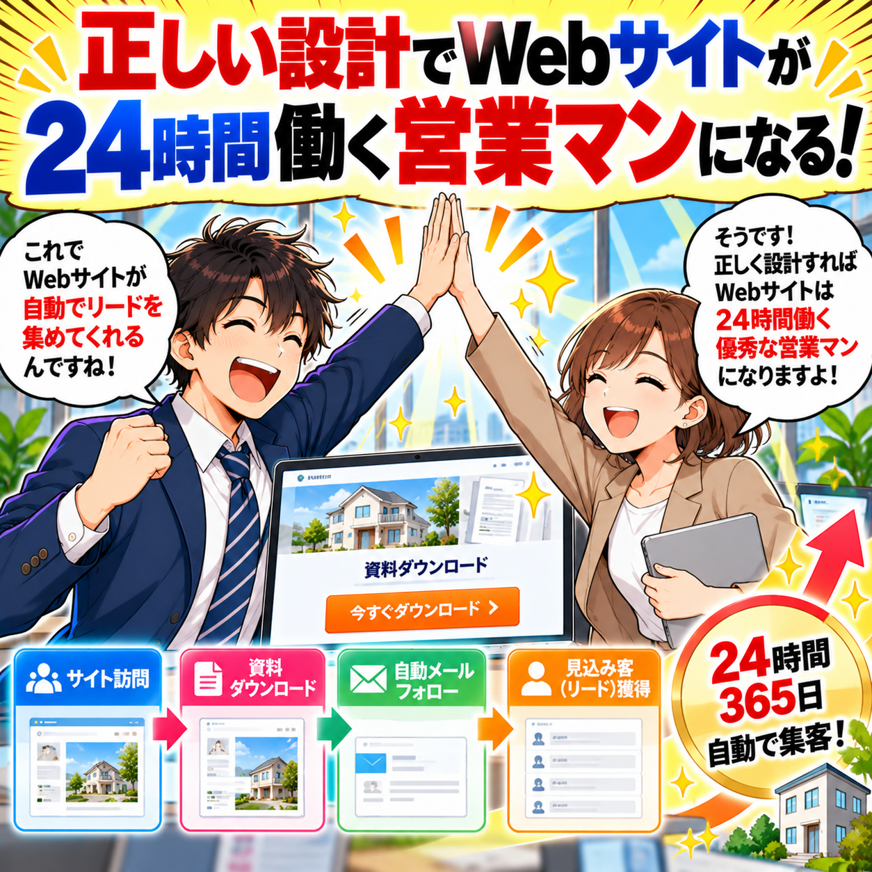 コマ23: 正しい設計でWebサイトが24時間働く営業マンになる！24時間365日自動で集客。完