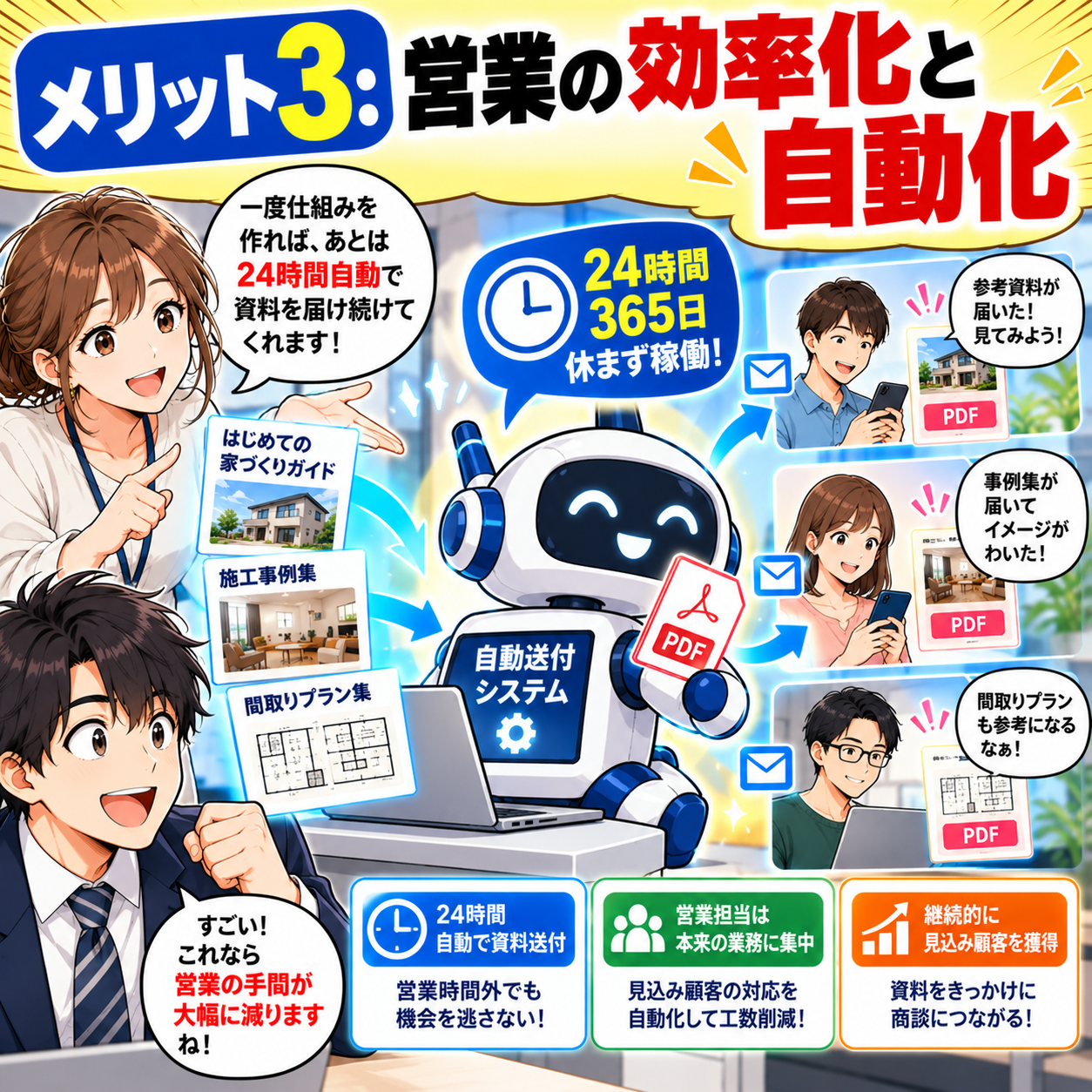 コマ7: メリット3：営業の効率化と自動化！24時間365日休まず自動稼働